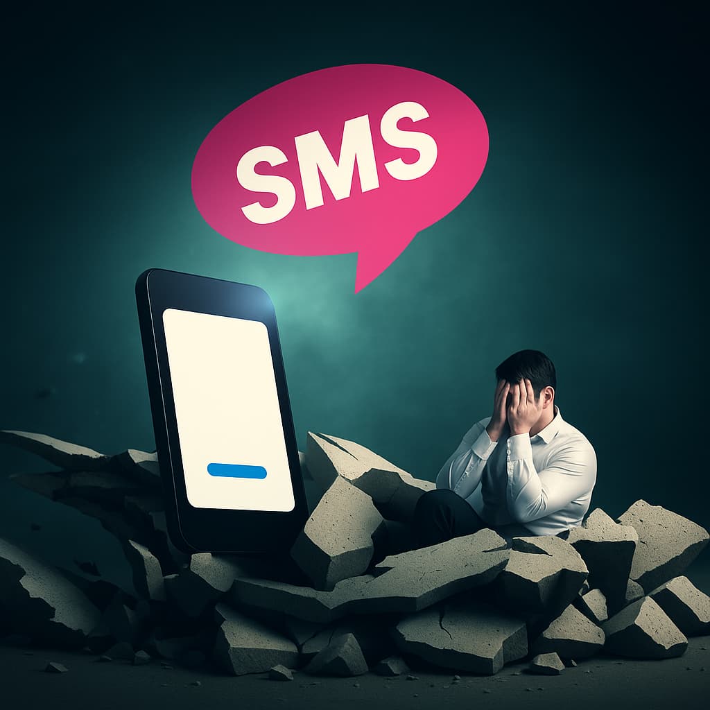 Kriz anında toplu SMS iletişimi için telefon ve mesaj simgesiyle yardım arayan kişi