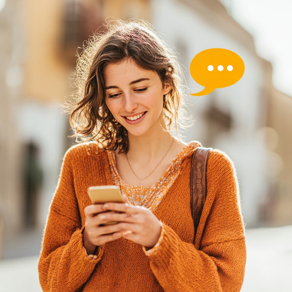 Telefonuna bakarak gülümseyen genç kadın, SMS pazarlama mesajı alıyor