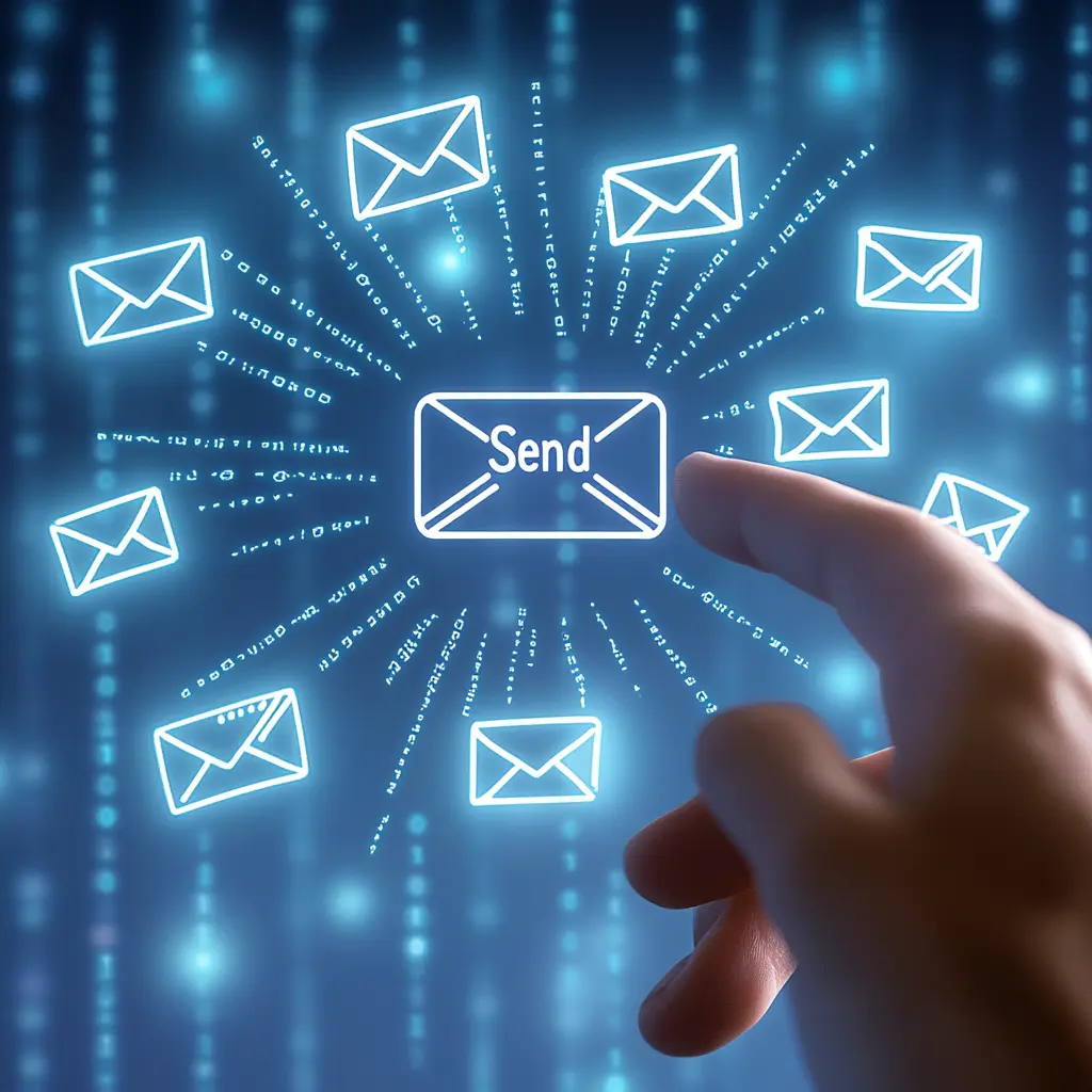 Zarf ikonları ve "Send" butonuna dokunan bir el.