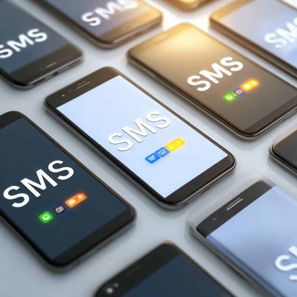 SMS yazılı modern akıllı telefonlar düzende dizilmiş, sade ve teknolojik bir görsel