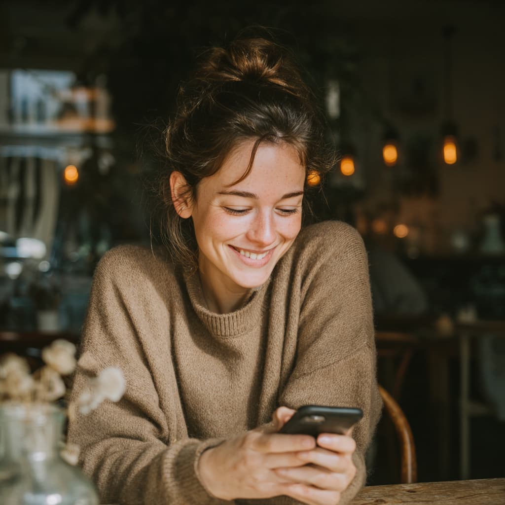 Bir müşteri kafede otururken telefonundan gelen SMS kampanyasını okuyup gülümsüyor