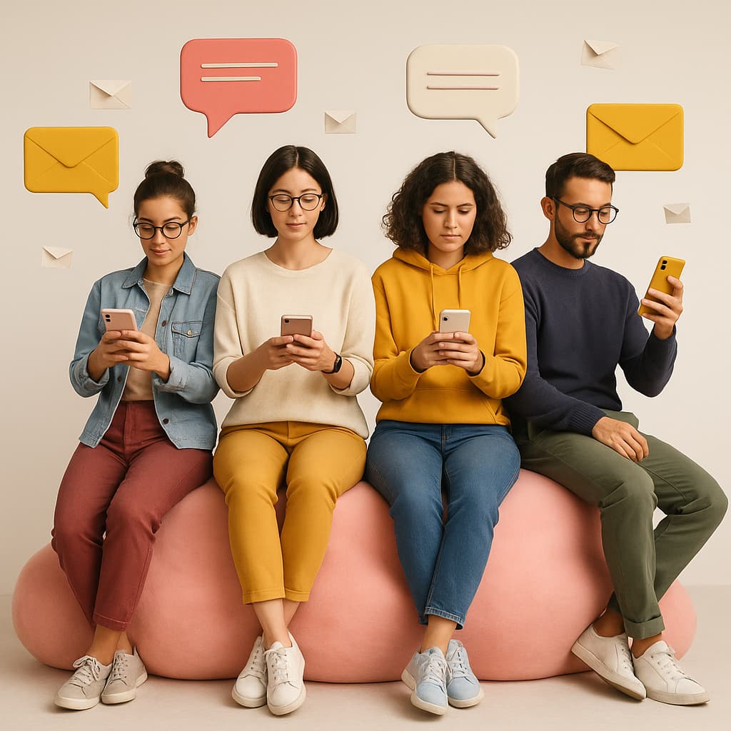 Dört genç, pembe bulutun üzerinde oturup sms atarken; çevrelerinde sohbet balonları ve sms ikonları yer alıyor