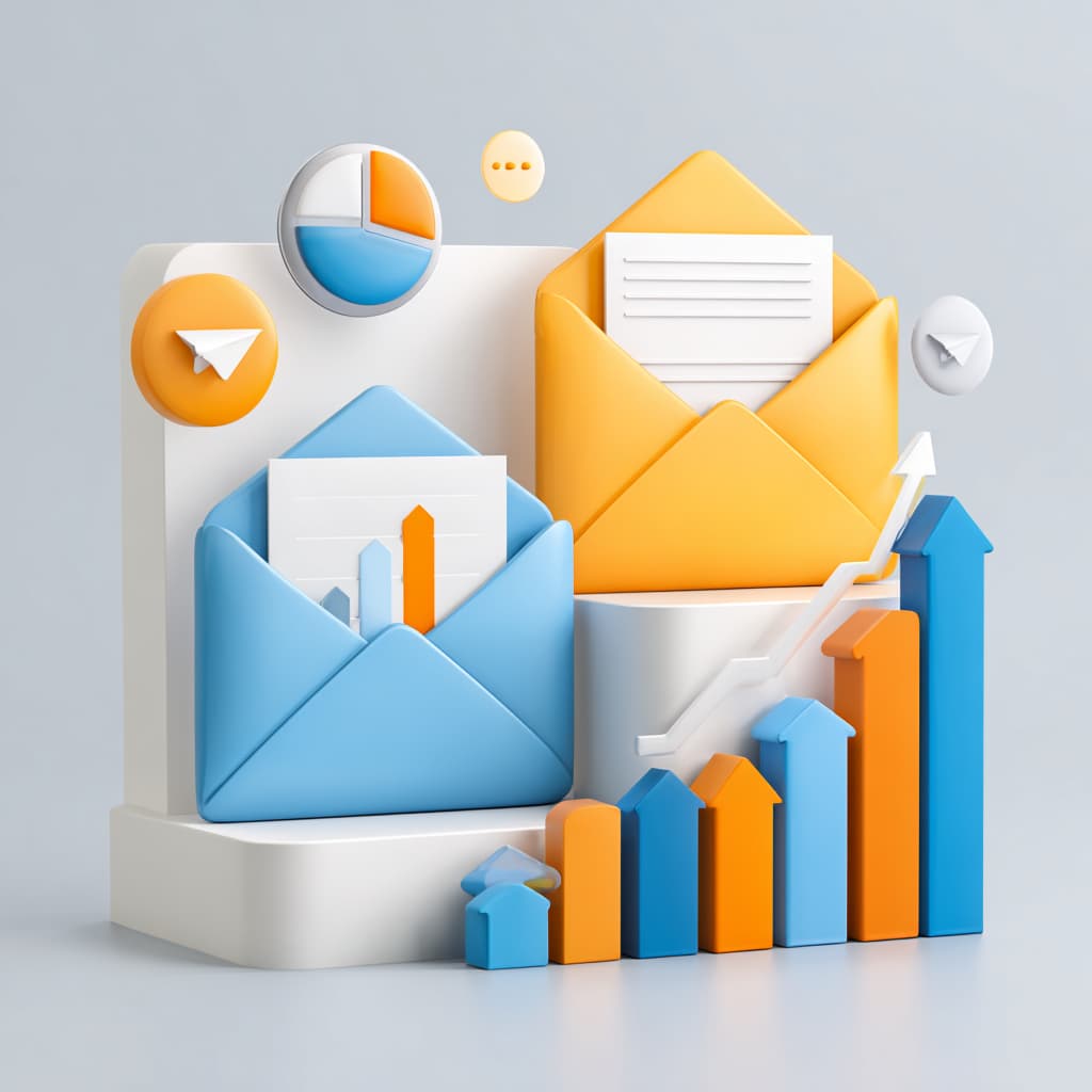 E-posta zarfları ve artan grafiklerle açılma oranı artışını simgeleyen 3D illüstrasyon