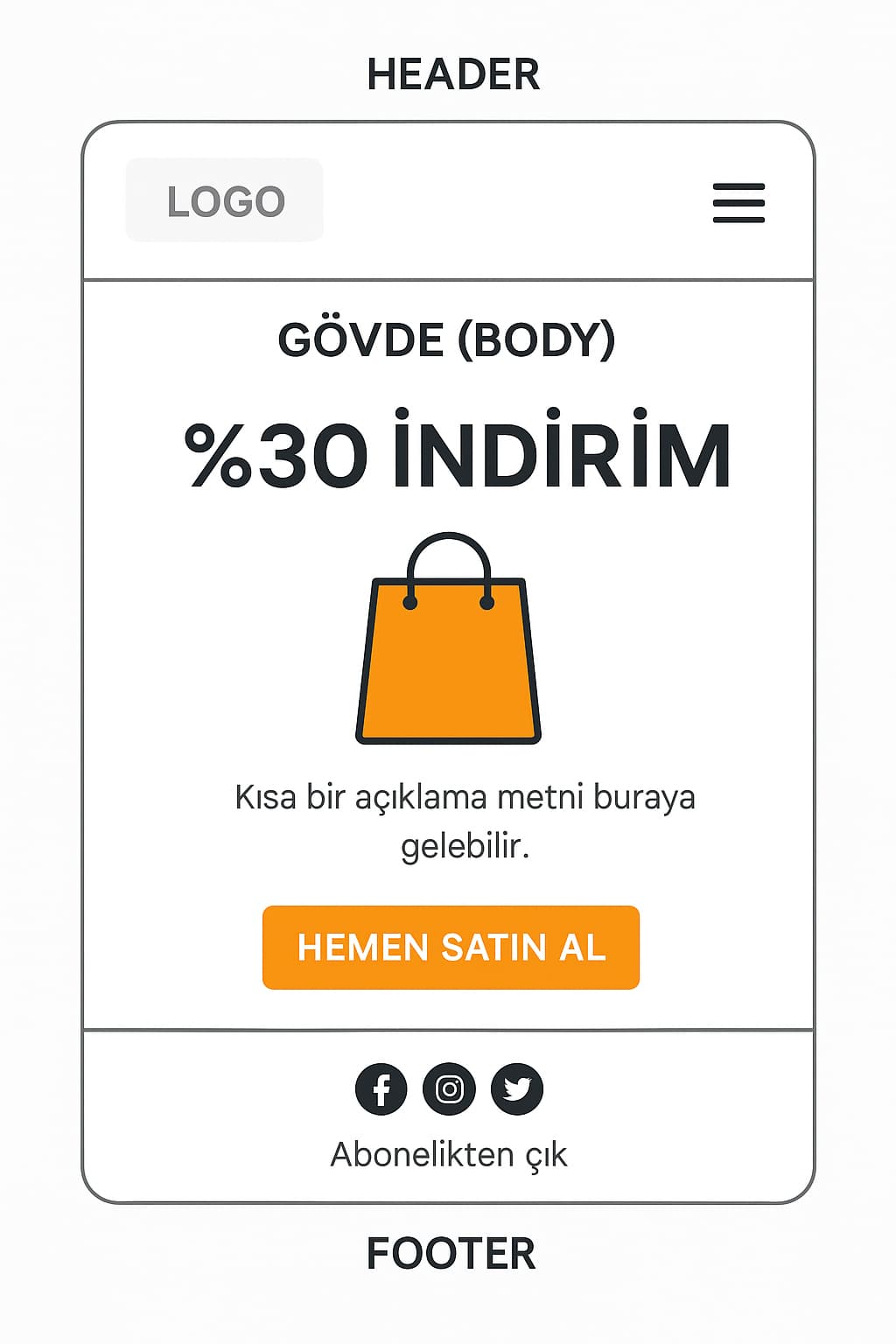 %30 indirim kampanyalı mailing tasarımı: logo, ürün görseli, CTA butonu ve sosyal ikonlar