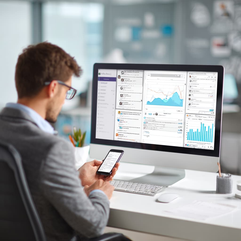 Dijital iletişim ve veri takibi yapan ofis çalışanı