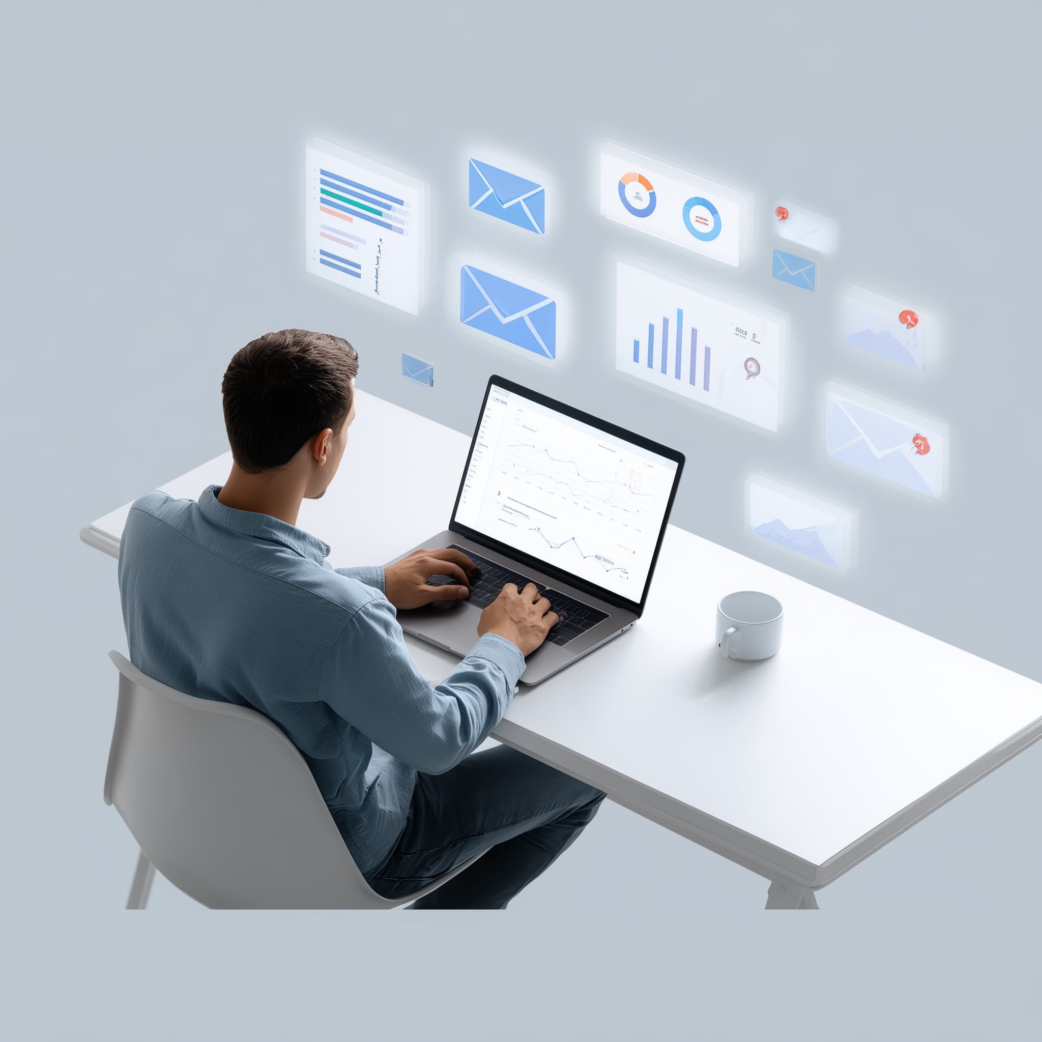 eposta-analiz Modern bir ofiste beyaz masasında oturan bir adam, dizüstü bilgisayarında e-posta performans grafikleri ve analiz panellerini inceliyor.