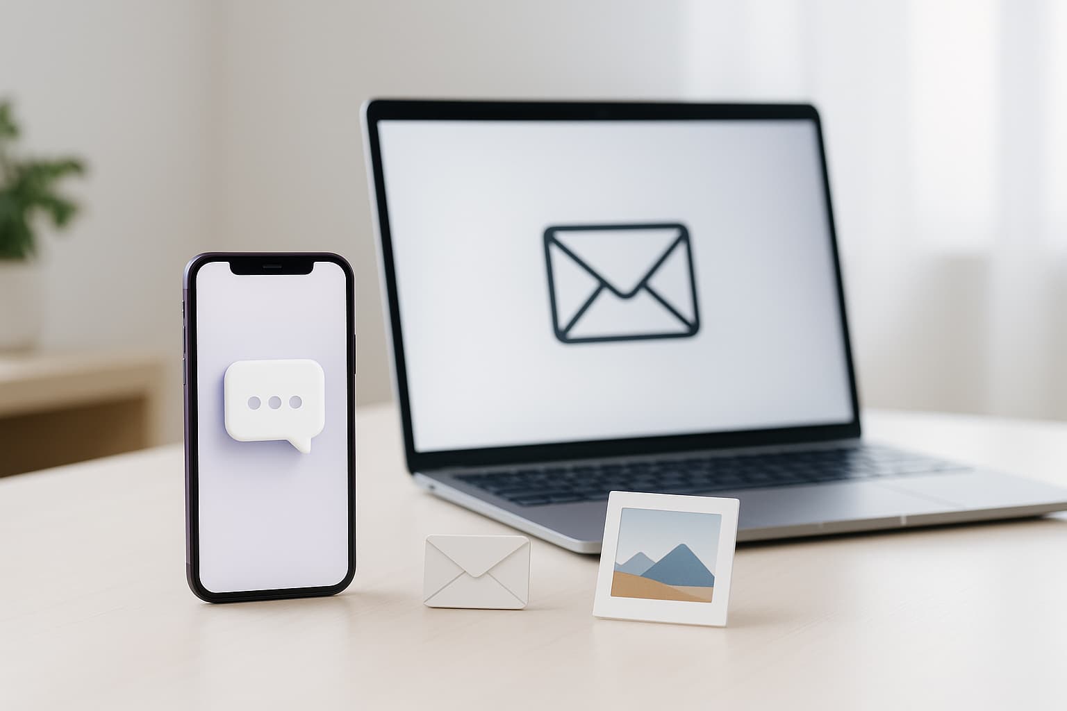 iletisim-kanallar Ahşap masa üzerinde yan yana duran üç akıllı telefon; ekranlarında sırasıyla SMS, e-posta ve MMS simgeleri görülüyor