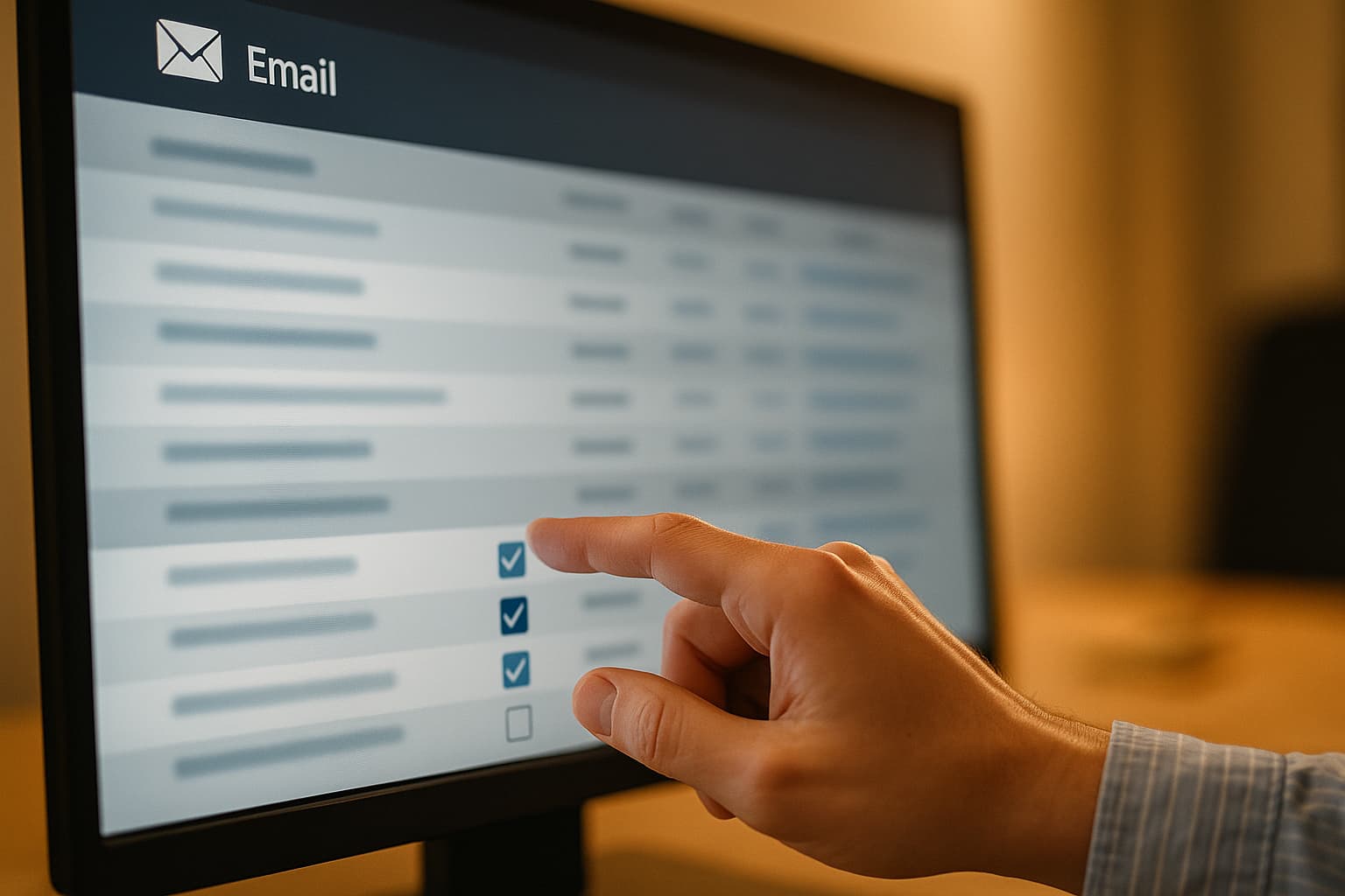 E-posta listesinde seçim yapılan bulanık arayüzde el yakın planı.