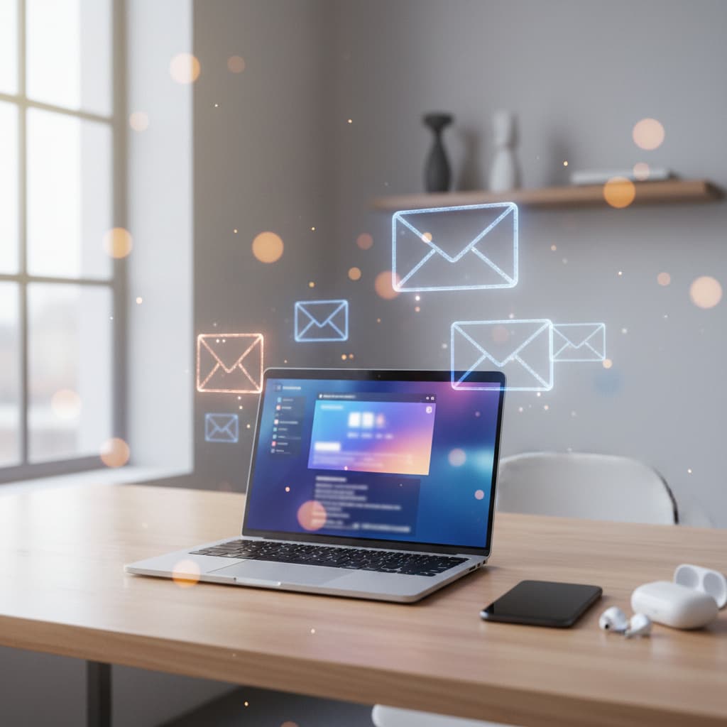 dijital e-posta simgeleriyle modern masaüstü çalışma ortamı