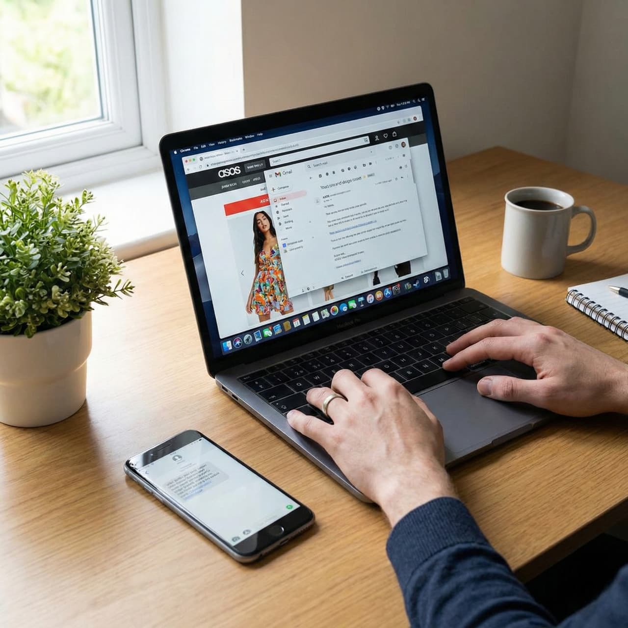 Laptopta e-posta açık, masada telefonda SMS bildirimi görünüyor