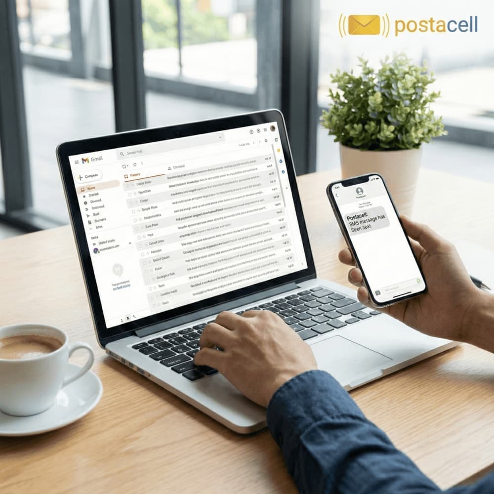 Laptopta e-posta, telefonda SMS bildirimi ve Postacell logosu