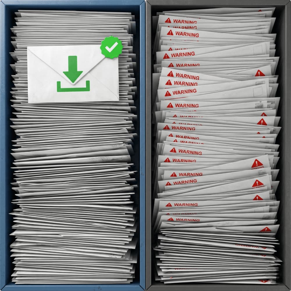 Sol bölmede onaylı e-posta, sağ bölmede kırmızı warning uyarılı yoğun spam mailleri.