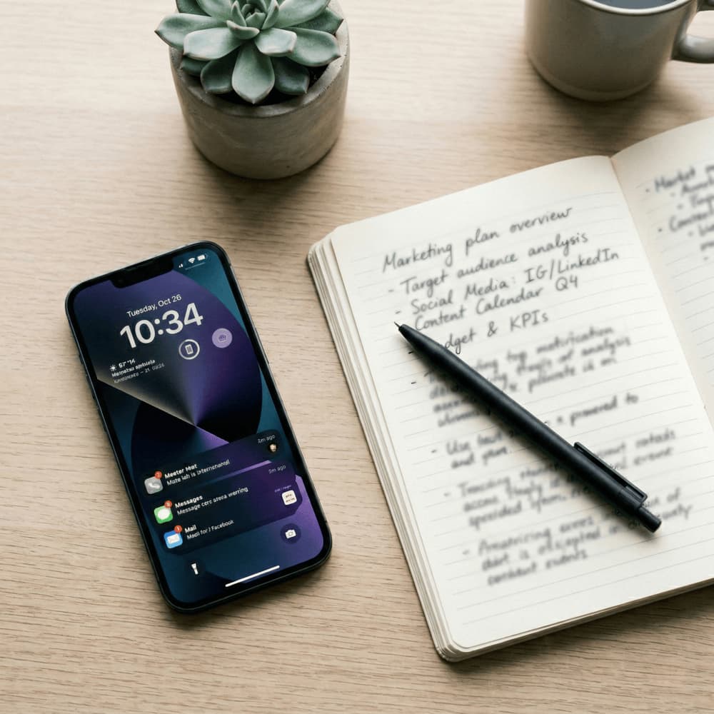 Masada telefon bildirim ekranı ve SMS pazarlama planı yazılı not defteri