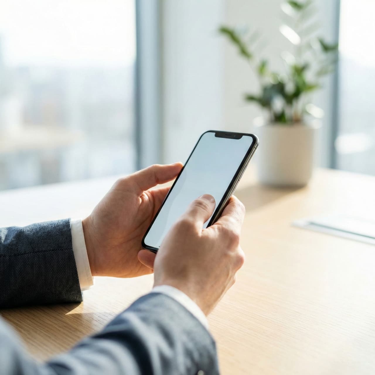 Ofis ortamında telefona bakan kişi