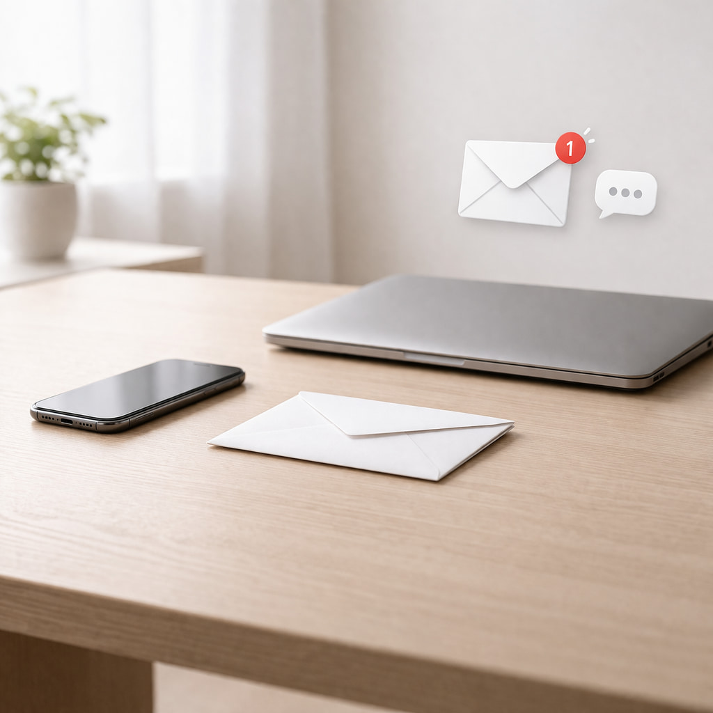 Masada kapalı dizüstü bilgisayar, akıllı telefon ve zarf ile e-posta ve SMS iletişimini temsil eden sade çalışma alanı