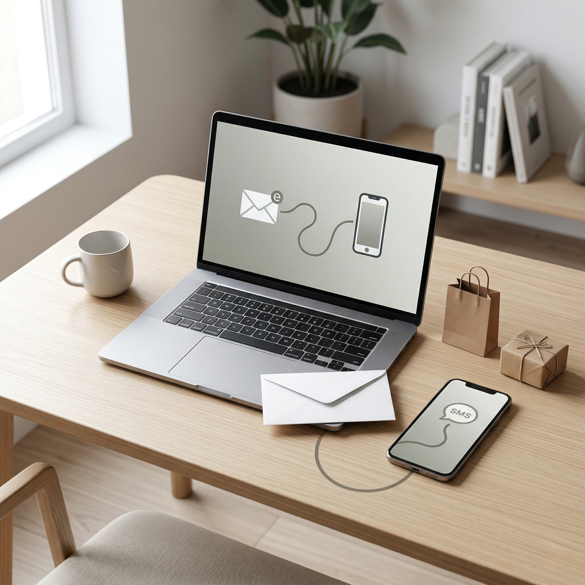 E-posta ve SMS entegrasyonunu gösteren laptop, telefon, zarf ve paketli modern çalışma masası