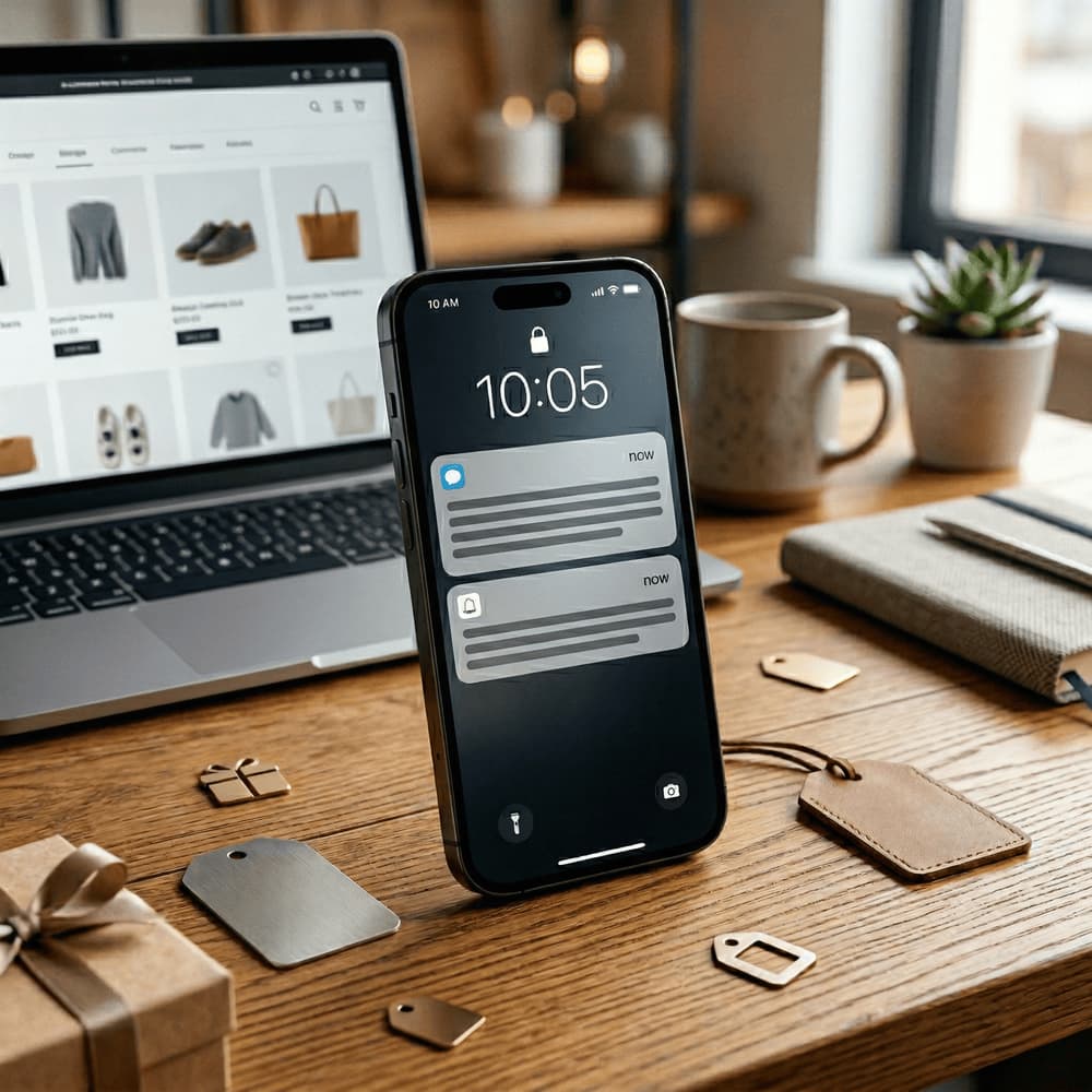 Laptop üzerindeki e-ticaret sayfası yanında, masa üstünde bildirim mesajları görünen akıllı telefon