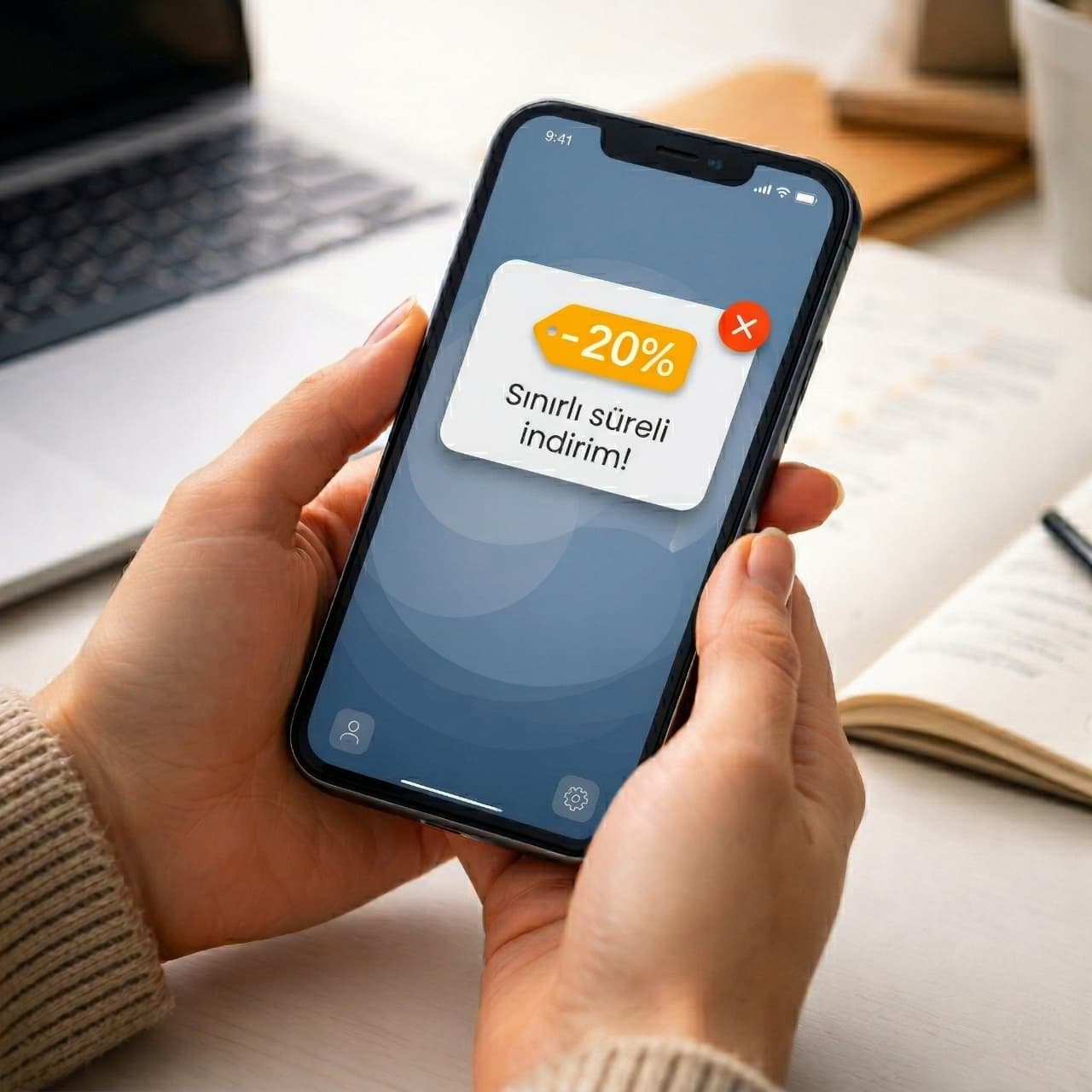 Elinde telefon tutan kişinin ekranında yüzde 20 indirim mesajı görünen mobil kampanya