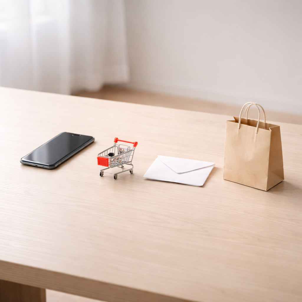 Çevrimiçi alışveriş temalı minimalist sahne: telefon, sepet, zarf ve torba yan yana