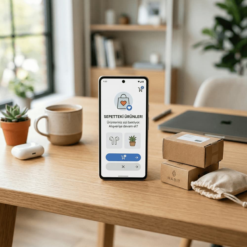 Masa üzerinde duran telefonda sepet hatırlatma mesajı