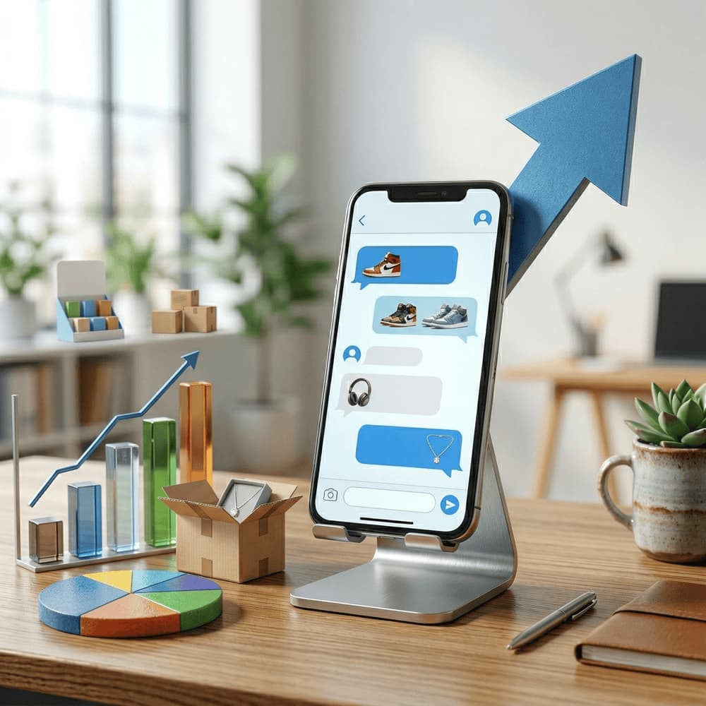 Telefon ekranında ürün mesajları, masa üzerinde grafikler, kutu ve yukarı yönlü ok ile sepet hatırlatma SMS süreci