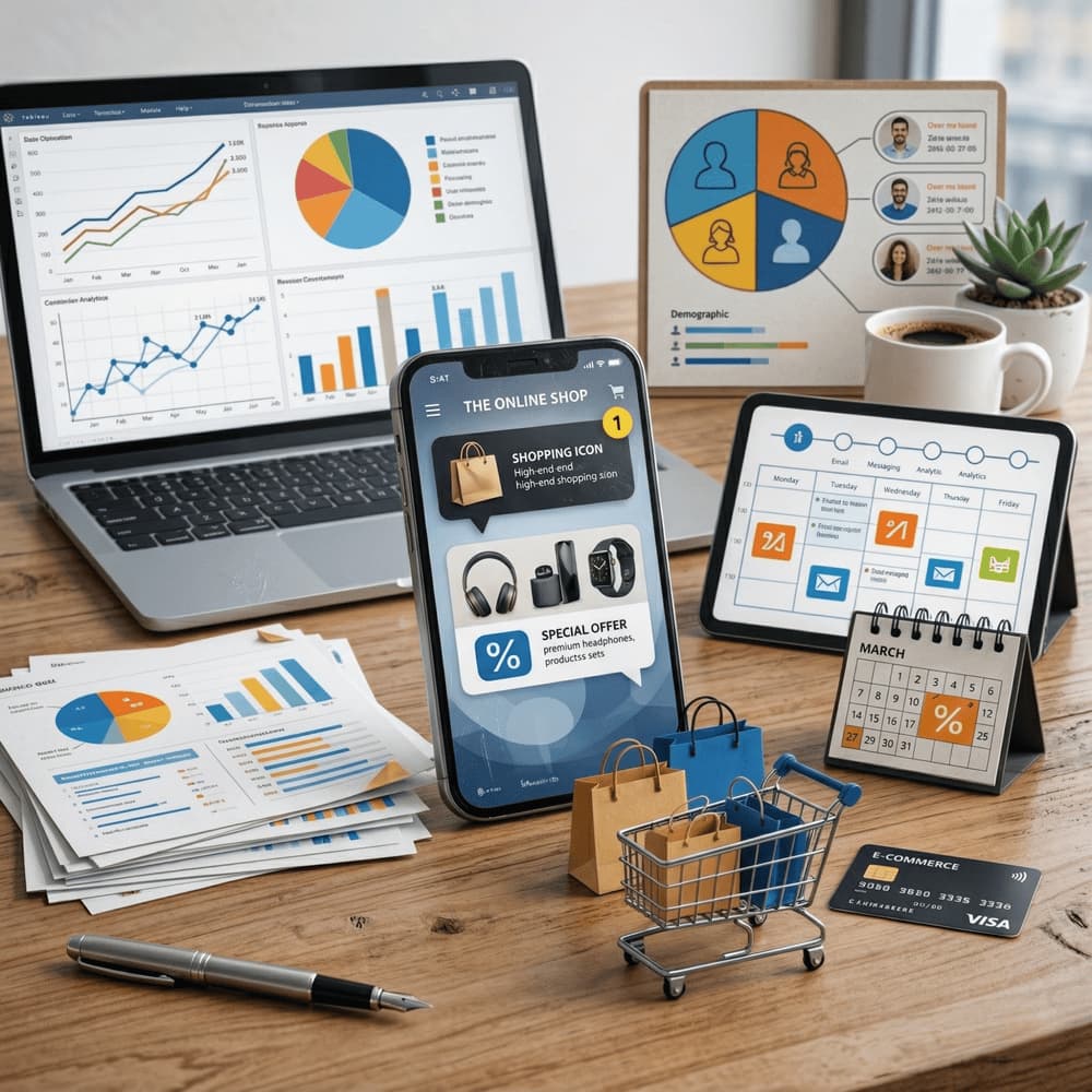 Laptop, akıllı telefon, kampanya takvimi ve müşteri segmentasyonu panosu ile hazırlanmış dijital pazarlama çalışma alanı