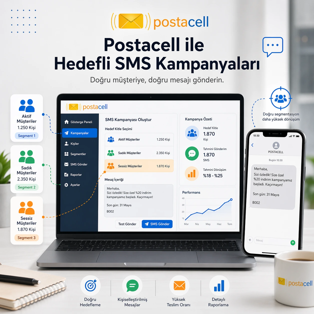Postacell platformunda müşteri segmentlerine göre hedefli SMS kampanyası oluşturma ekranı ve telefona gelen kampanya mesajı