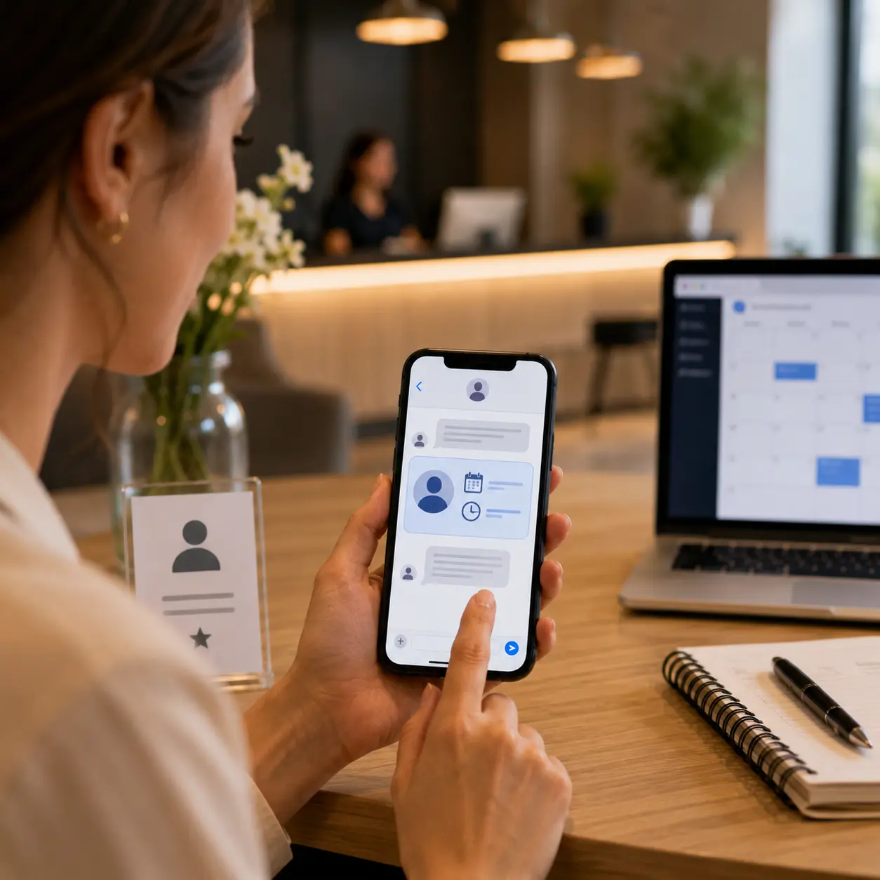 Müşterinin akıllı telefonda kişiselleştirilmiş SMS randevu hatırlatmasını incelediği modern resepsiyon ortamı