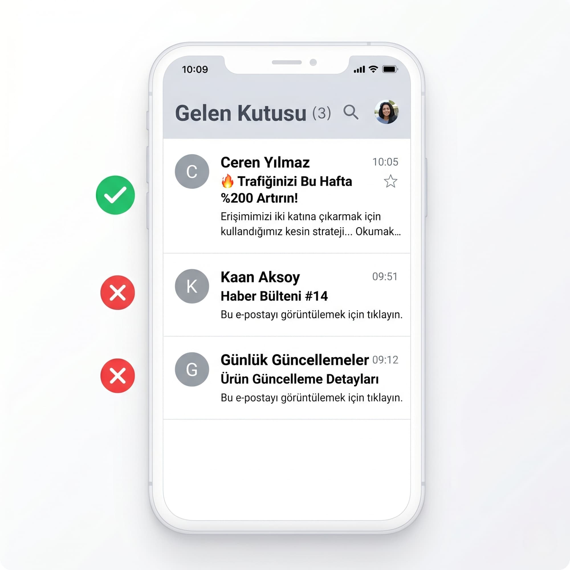 Akıllı telefon ekranında bir e-posta gelen kutusunu gösteren ekran görüntüsü