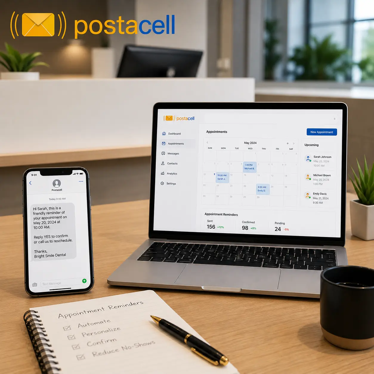 Postacell logosu ile SMS randevu hatırlatma mesajı ve dijital randevu paneli görünen modern çalışma masası