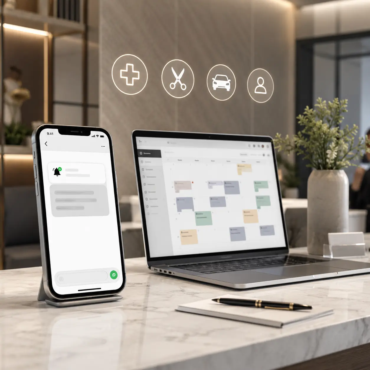 Akıllı telefonda SMS hatırlatma bildirimi ve laptop ekranında dijital randevu takvimi bulunan modern resepsiyon masası