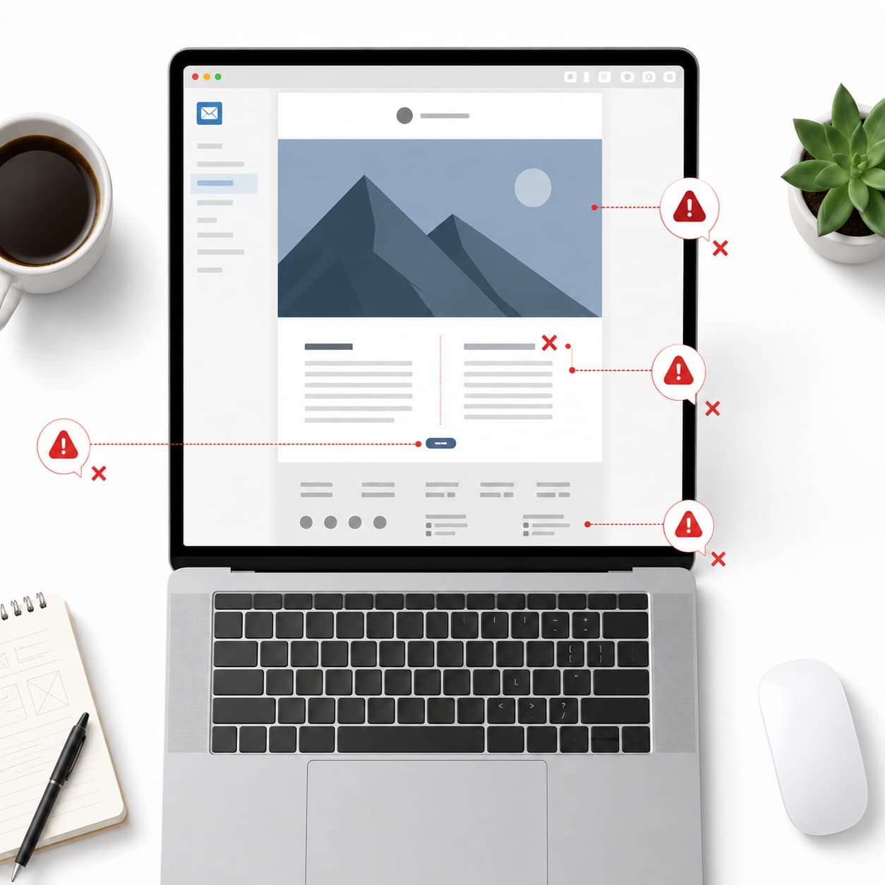 Toplu mail tasarımındaki hataları gösteren, laptop ekranında uyarı ikonlarıyla işaretlenmiş e-posta şablonu görseli.