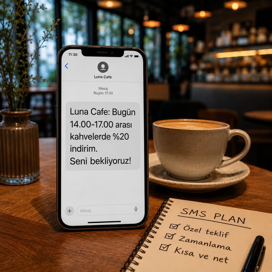Kafe masasında telefon ekranında kısa ve net bir SMS kampanyası mesajı, yanında kahve ve SMS plan notları görünüyor.