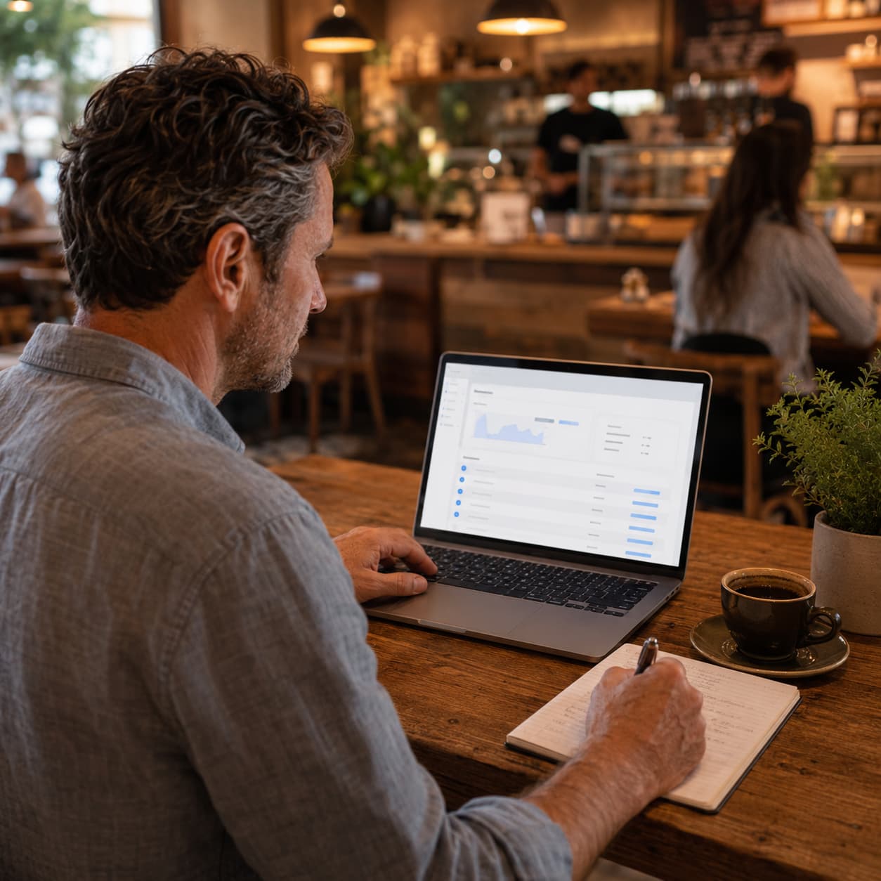 Alt text: Kafe ortamında laptop üzerinden SMS kampanyası planlayan işletme sahibi, müşteri iletişimi için notlar alıyor.