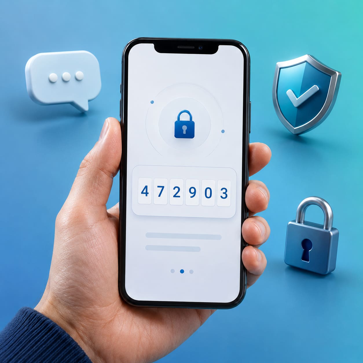 Elde tutulan akıllı telefon ekranında 6 haneli OTP doğrulama kodu ve yanında güvenliği simgeleyen kilit ile kalkan ikonları görünüyor.