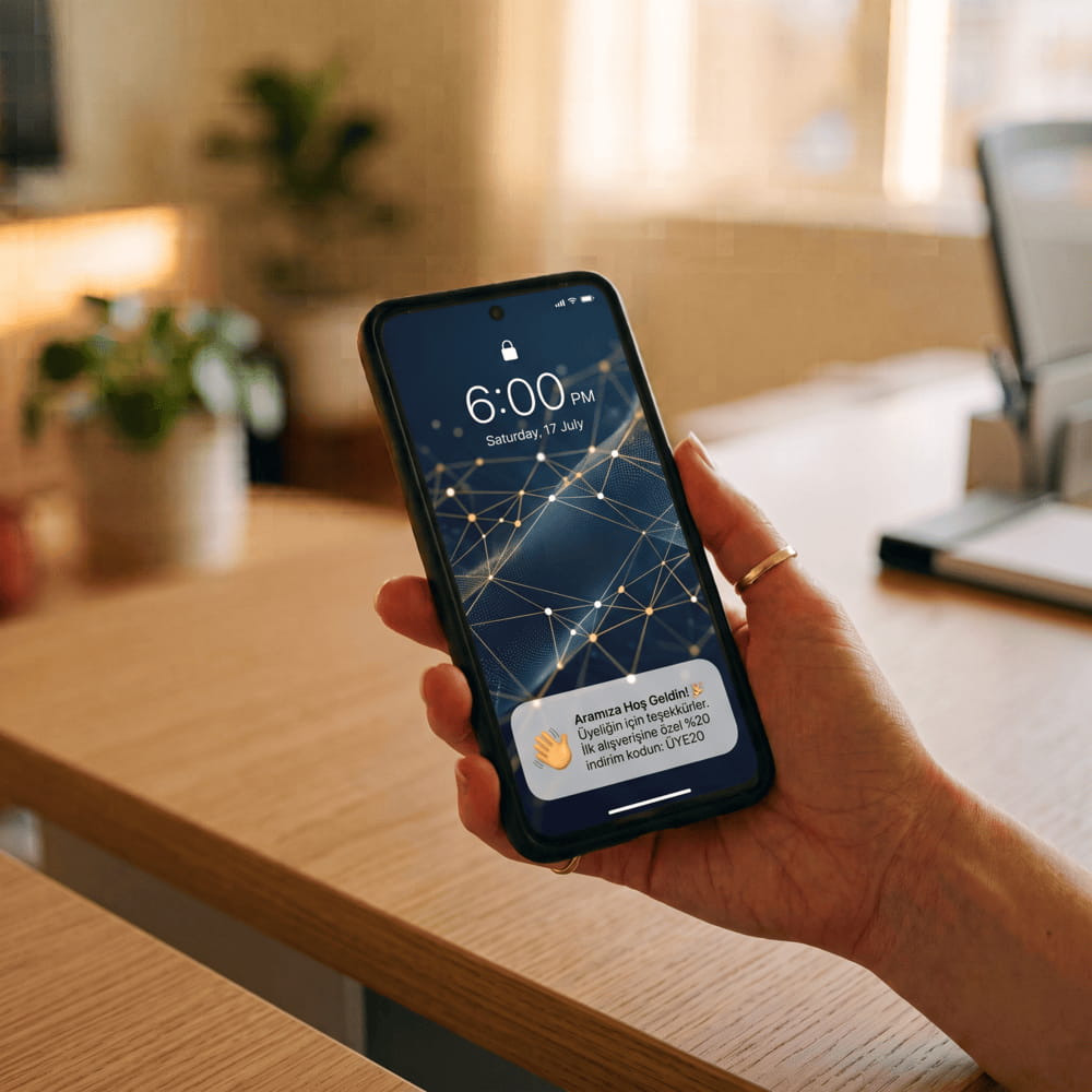 Yeni üyeye gelen hoş geldin SMS'i ve indirim kodu bildirimi