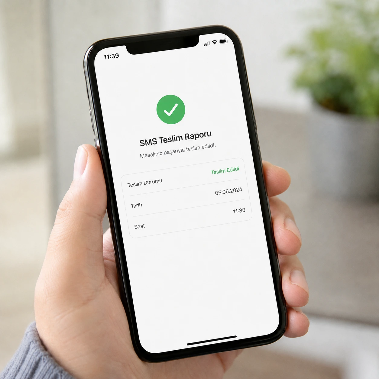 Telefon ekranında SMS teslim raporu ve mesajın başarıyla teslim edildiğini gösteren onay işareti