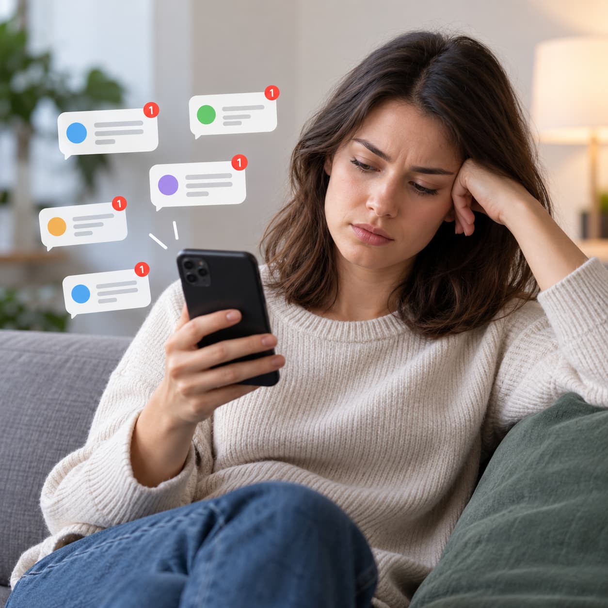 Sık gelen SMS bildirimlerine telefonundan bakan ve hafif bunalmış görünen kadın